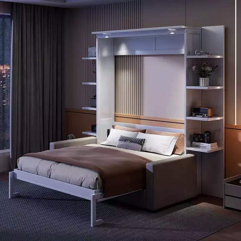 Letto a scomparsa Queen Murphy con divano, letto a scomparsa Queen Size con armadio, letto a parete pieghevole con libreria e mensole per camera degli ospiti o ufficio
