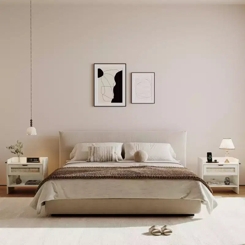 Comodino in Rattan Set da 2, Comodino con Stazione di Ricarica e Porta Type-C, Tavolino da Notte Boho con Cassetto e Ripiano Aperto, Tavolino Laterale