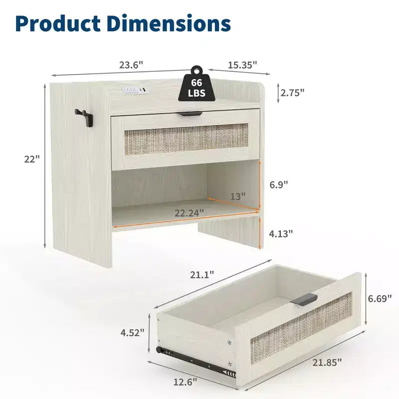 Comodino in Rattan Set da 2, Comodino con Stazione di Ricarica e Porta Type-C, Tavolino da Notte Boho con Cassetto e Ripiano Aperto, Tavolino Laterale