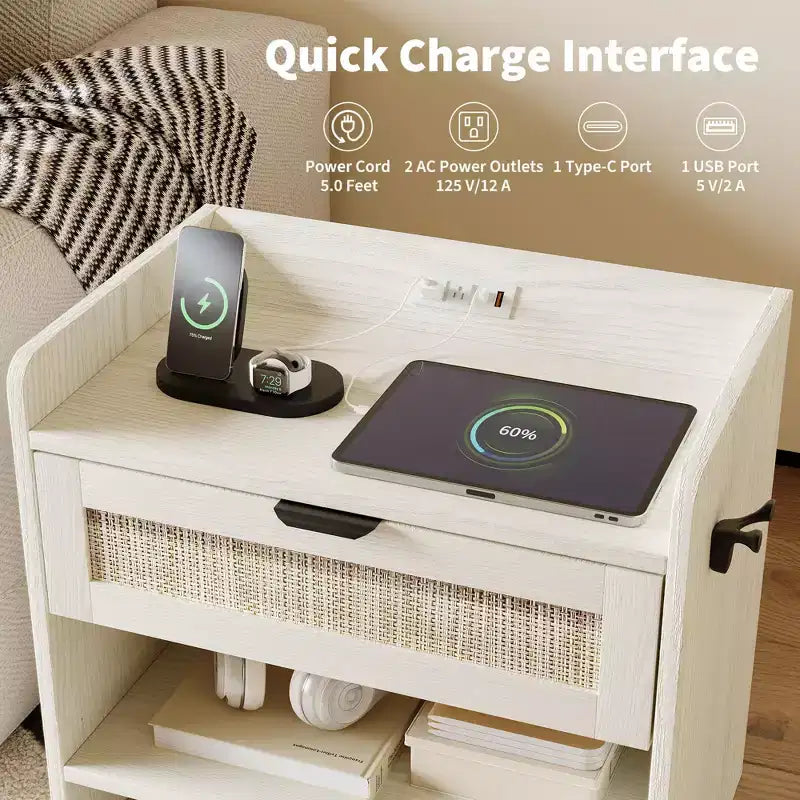 Comodino in Rattan Set da 2, Comodino con Stazione di Ricarica e Porta Type-C, Tavolino da Notte Boho con Cassetto e Ripiano Aperto, Tavolino Laterale