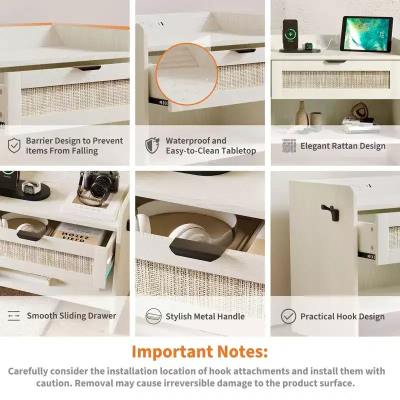 Comodino in Rattan Set da 2, Comodino con Stazione di Ricarica e Porta Type-C, Tavolino da Notte Boho con Cassetto e Ripiano Aperto, Tavolino Laterale