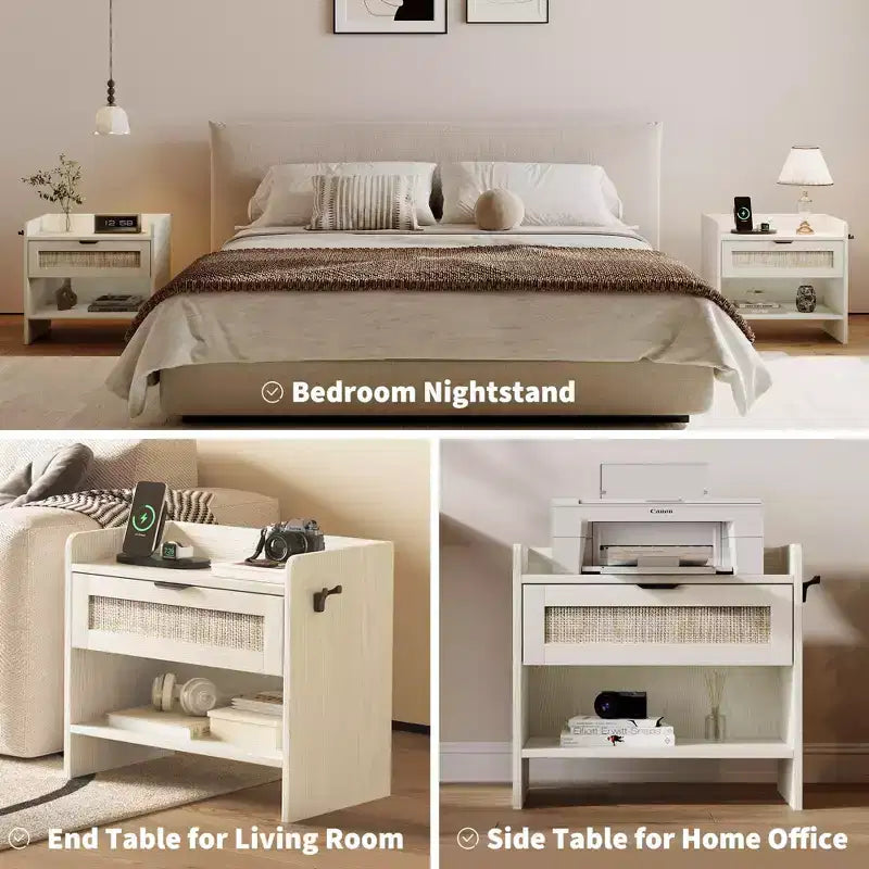 Comodino in Rattan Set da 2, Comodino con Stazione di Ricarica e Porta Type-C, Tavolino da Notte Boho con Cassetto e Ripiano Aperto, Tavolino Laterale