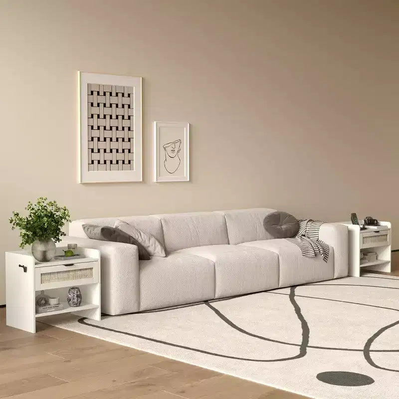 Comodino in Rattan Set da 2, Comodino con Stazione di Ricarica e Porta Type-C, Tavolino da Notte Boho con Cassetto e Ripiano Aperto, Tavolino Laterale