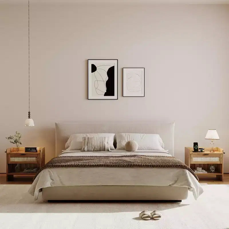 Comodino in Rattan Set da 2, Comodino con Stazione di Ricarica e Porta Type-C, Tavolino da Notte Boho con Cassetto e Ripiano Aperto, Tavolino Laterale
