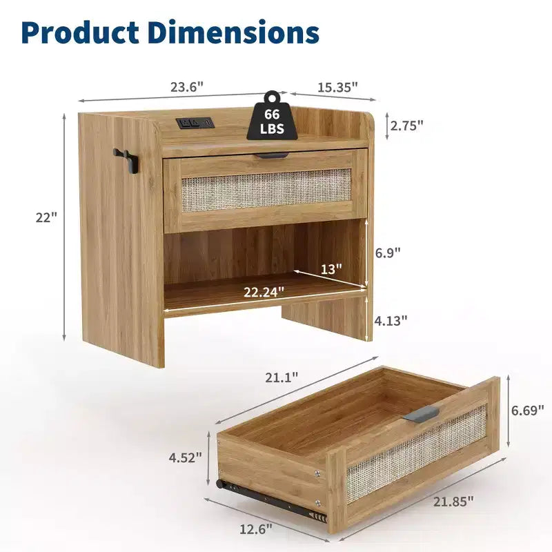 Comodino in Rattan Set da 2, Comodino con Stazione di Ricarica e Porta Type-C, Tavolino da Notte Boho con Cassetto e Ripiano Aperto, Tavolino Laterale