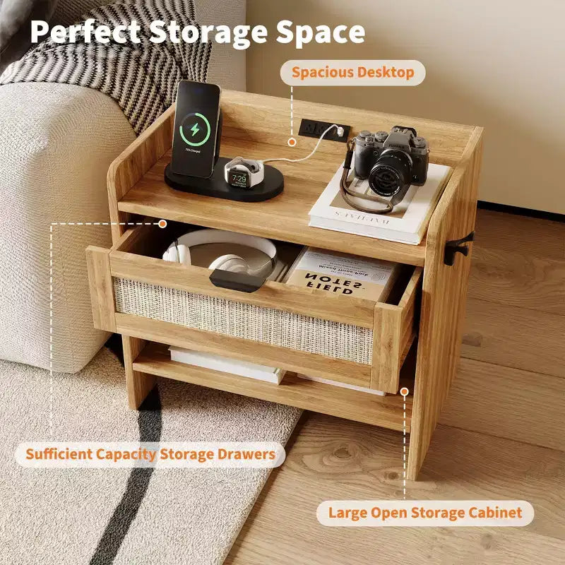 Lot de 2 tables de chevet en rotin, table de chevet avec station de recharge et port USB-C, table de chevet bohème avec tiroir et étagère ouverte, table d'appoint