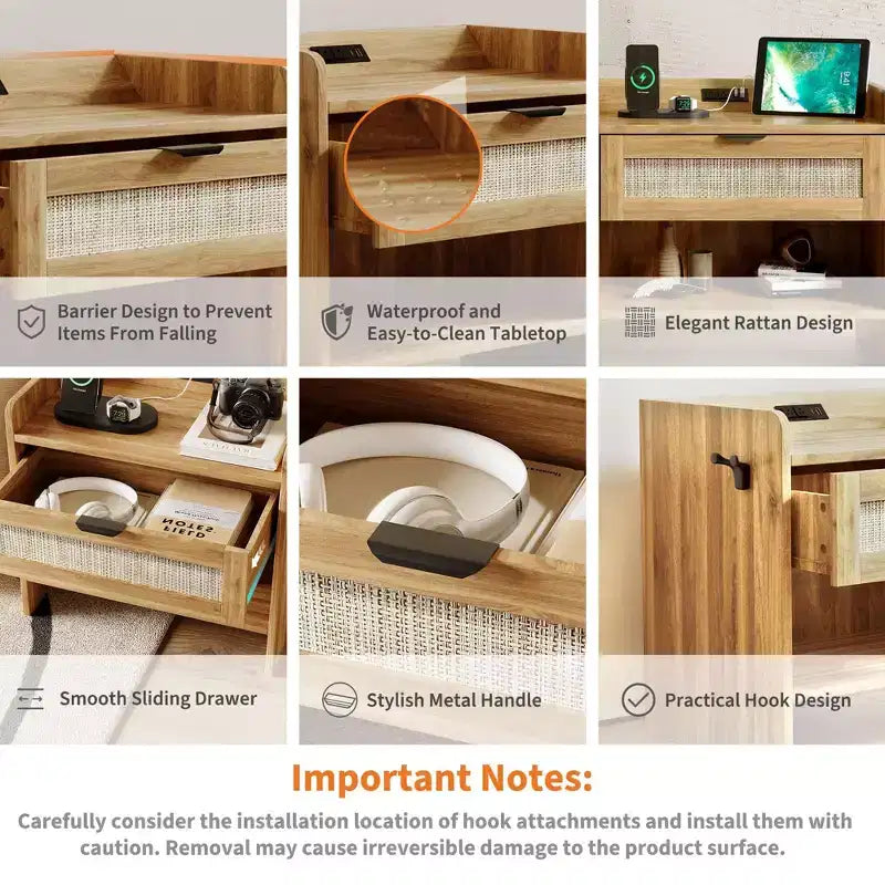 Comodino in Rattan Set da 2, Comodino con Stazione di Ricarica e Porta Type-C, Tavolino da Notte Boho con Cassetto e Ripiano Aperto, Tavolino Laterale