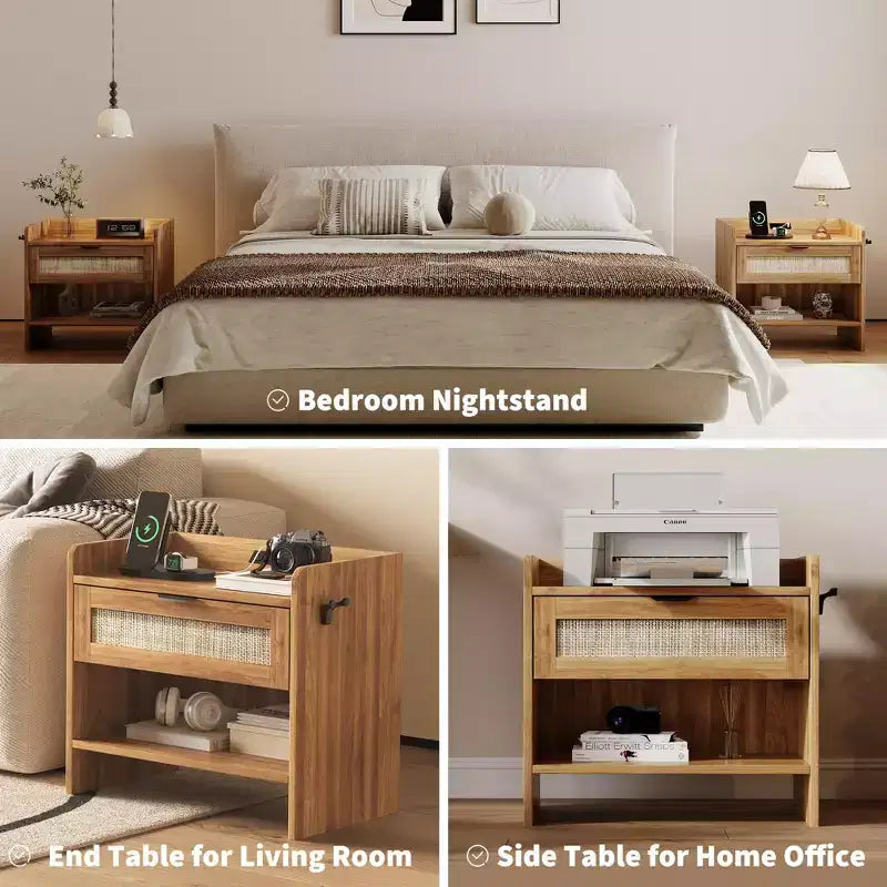 Comodino in Rattan Set da 2, Comodino con Stazione di Ricarica e Porta Type-C, Tavolino da Notte Boho con Cassetto e Ripiano Aperto, Tavolino Laterale