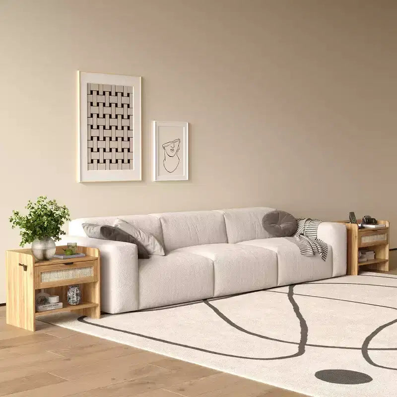 Comodino in Rattan Set da 2, Comodino con Stazione di Ricarica e Porta Type-C, Tavolino da Notte Boho con Cassetto e Ripiano Aperto, Tavolino Laterale