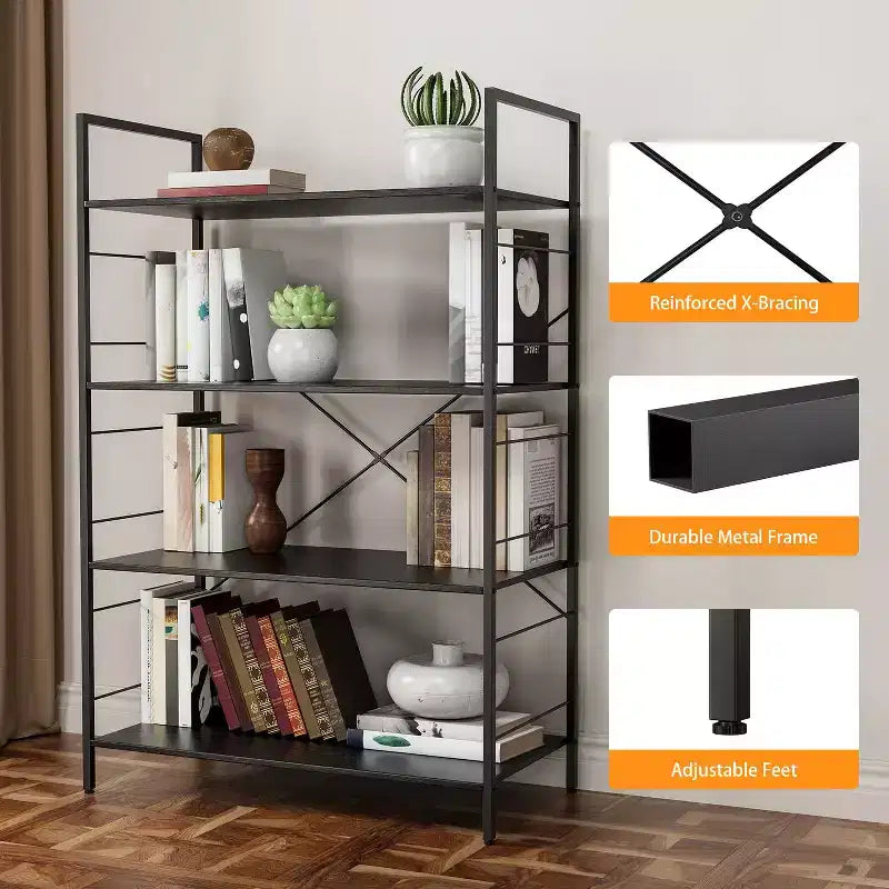 Libreria grande con struttura in acciaio, scaffale alto a 4 livelli, 75 x 36,6 x 114 cm, stile industriale, scaffale per soggiorno, ufficio, studio