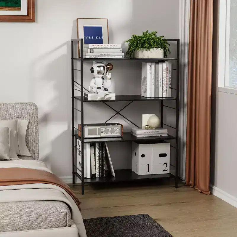 Libreria grande con struttura in acciaio, scaffale alto a 4 livelli, 75 x 36,6 x 114 cm, stile industriale, scaffale per soggiorno, ufficio, studio