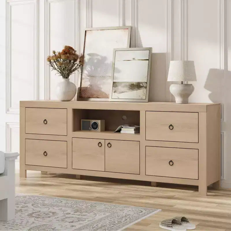 Meuble TV de ferme pour téléviseurs de 75-80 pouces, long meuble de divertissement avec 6 tiroirs de rangement et étagère pour barre de son, console multimédia blanche pour salon