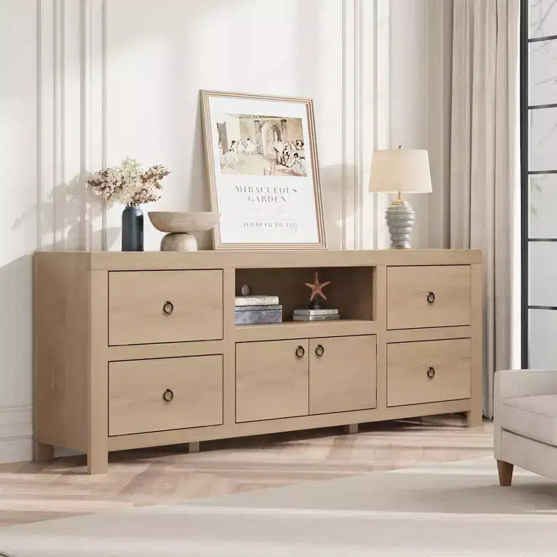 Meuble TV de ferme pour téléviseurs de 75-80 pouces, long meuble de divertissement avec 6 tiroirs de rangement et étagère pour barre de son, console multimédia blanche pour salon