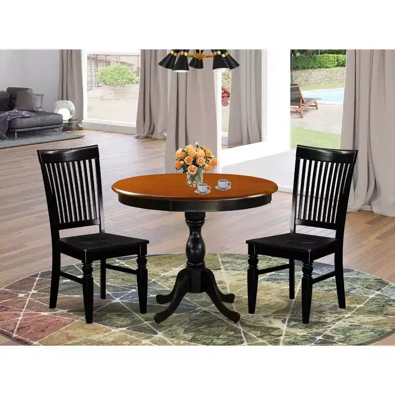 Set da pranzo in 3 pezzi con piano in legno massello finitura nera e ciliegio - 4 posti a sedere