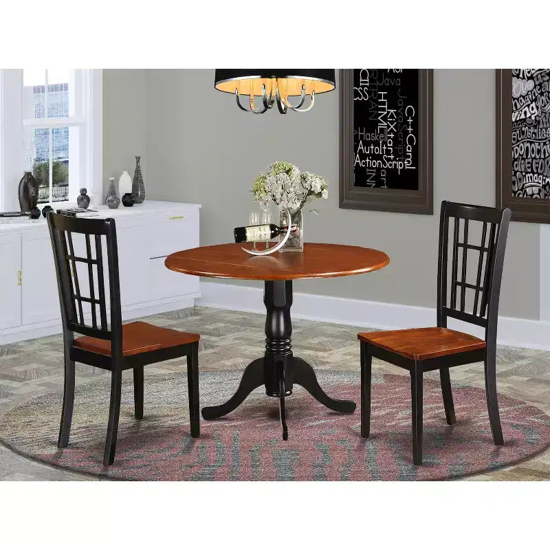 Elegante set da pranzo per 2 – Tavolo da cucina con sedie, legno massello asiatico, design con anta a ribalta, salvaspazio