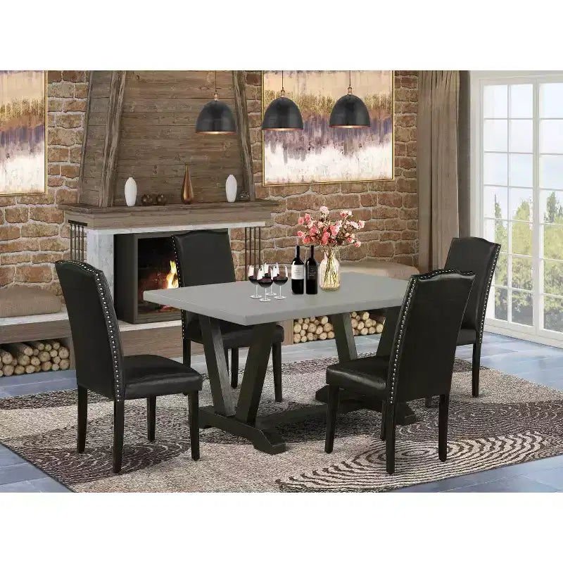 Tavolo da pranzo rettangolare a 5 pezzi in legno massello con finitura rovere naturale e 4 sedie Parson con