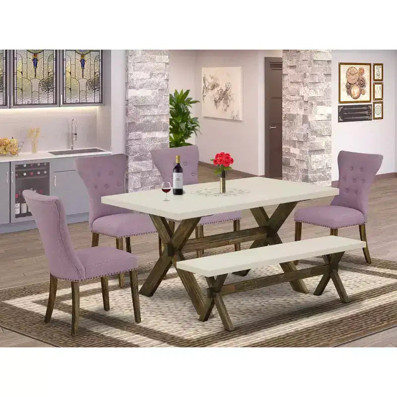 HomeStock Tavolo da pranzo rettangolare a 6 pezzi in legno massello con finitura Jacobean anticata, con 1 panca e 4 sedie