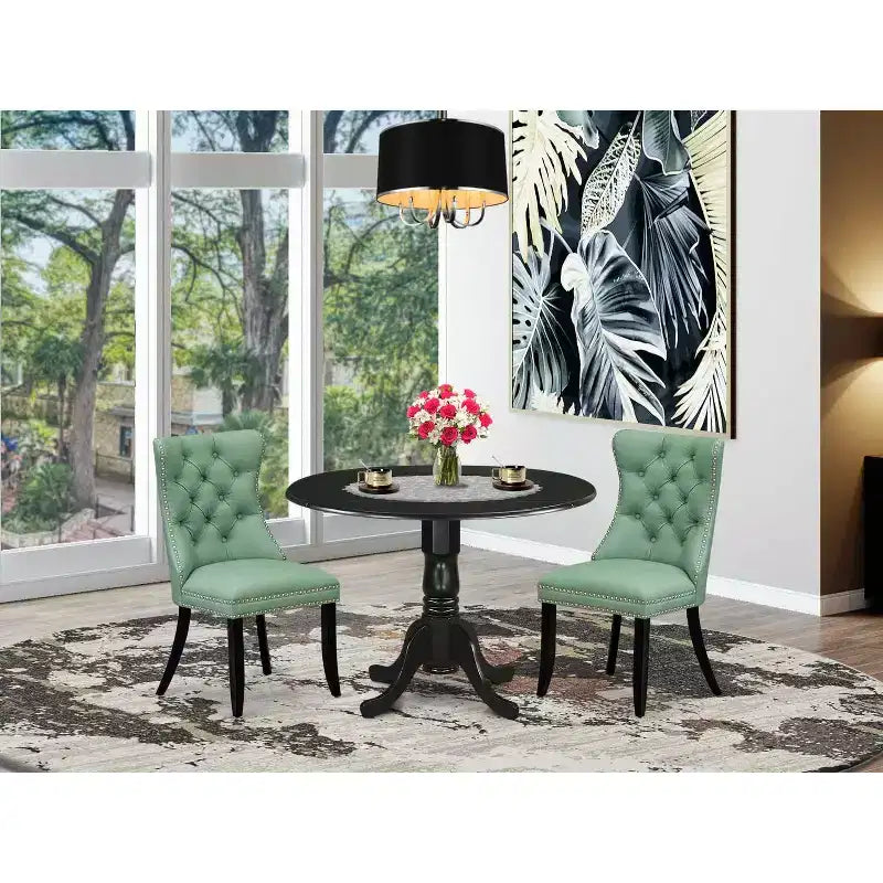 Set da pranzo 3 pezzi in legno massello con finitura nera e sedie rivestite - 4 posti