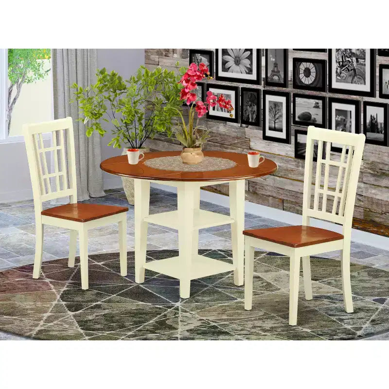 HomeStock Set da Pranzo Rotondo da 3 Pezzi in Legno Massello con Finitura Buttermilk e Ciliegio