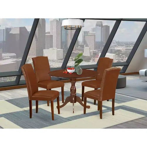 Table à manger 5 pièces avec plateau en bois massif finition acajou et 4 chaises à abattant