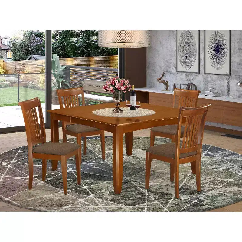 HomeStock Tavolo da pranzo quadrato in legno massiccio da 5 pezzi con finitura marrone sella e 4 sedie