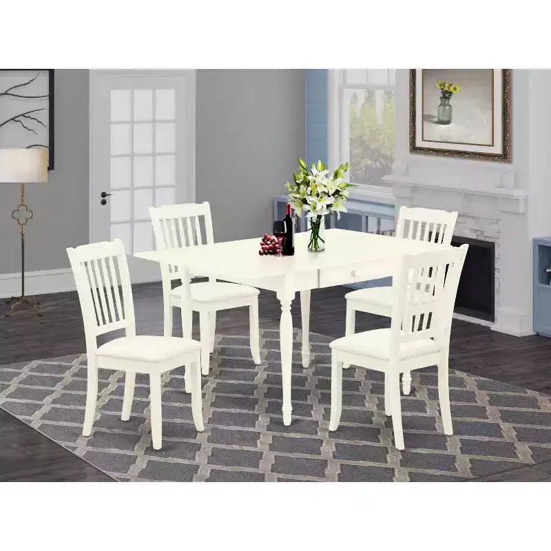 HomeStock Set da pranzo in 5 pezzi, finitura bianco lino, piano in legno massello - Con alette a ribalta - 4 posti
