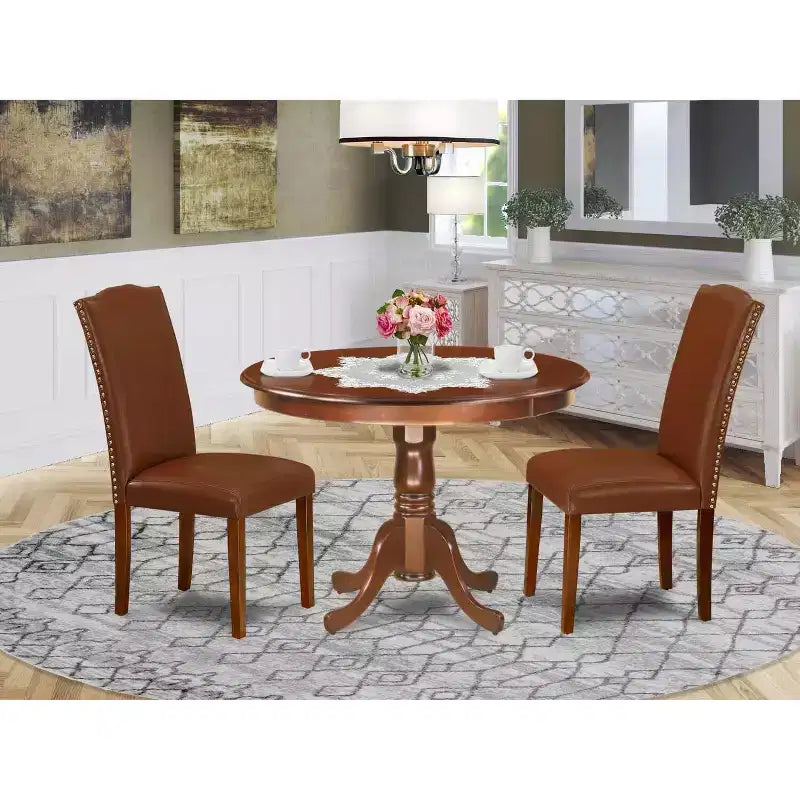 Set Tavolo da Pranzo 3pz Tavolo Rotondo 42 Pollici con 2 Sedie Parsons - Ecopelle Marrone