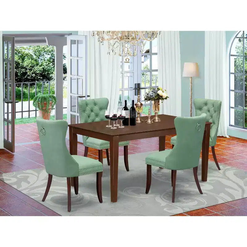 Set da pranzo 5 pezzi rettangolare in legno massello con finitura mogano e sedute imbottite - Posti 4