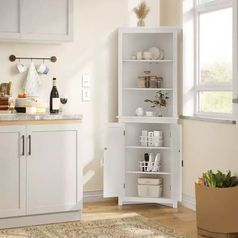 Mobile angolare a credenza bianco  Mobile contenitore alto salvaspazio con 2 ante scorrevoli e ripiani regolabili  Ideale per l'organizzazione della cucina
