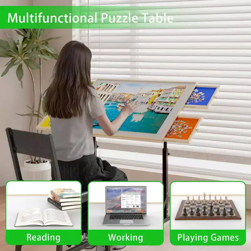 JVNOXK Tavolo da puzzle in legno con cassetti, tavolo da puzzle regolabile, tavolo da puzzle inclinabile a 360° con gambe e ruote, regolabile in altezza e angolazione