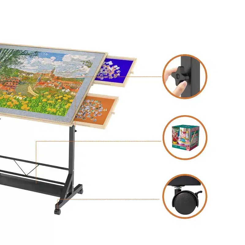 JVNOXK Tavolo da puzzle in legno con cassetti, tavolo da puzzle regolabile, tavolo da puzzle inclinabile a 360° con gambe e ruote, regolabile in altezza e angolazione