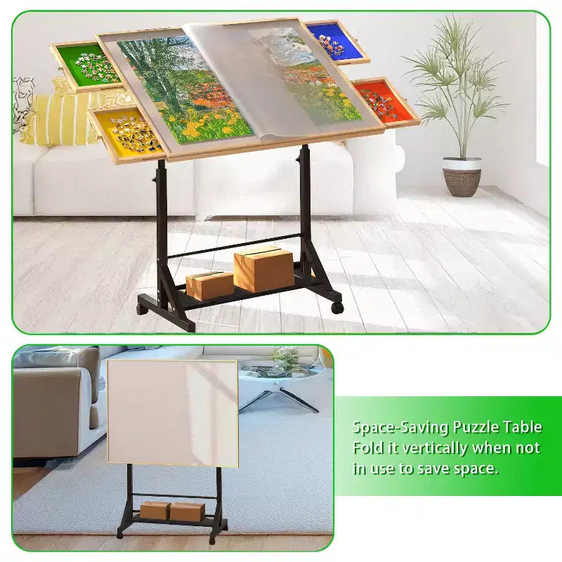 JVNOXK Tavolo da puzzle in legno con cassetti, tavolo da puzzle regolabile, tavolo da puzzle inclinabile a 360° con gambe e ruote, regolabile in altezza e angolazione