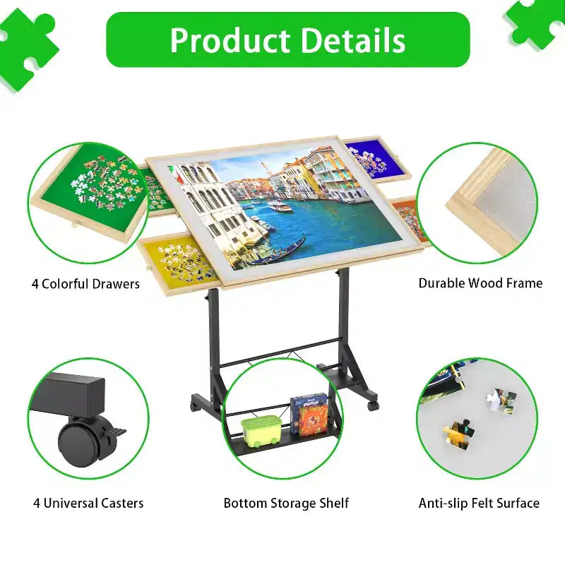 JVNOXK Tavolo da puzzle in legno con cassetti, tavolo da puzzle regolabile, tavolo da puzzle inclinabile a 360° con gambe e ruote, regolabile in altezza e angolazione