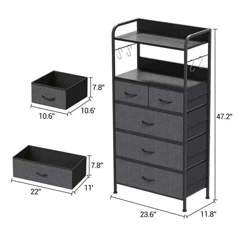Cassettiera sottile a 5 cassetti in tessuto con struttura in metallo, Organizer compatto con ripiani e ganci