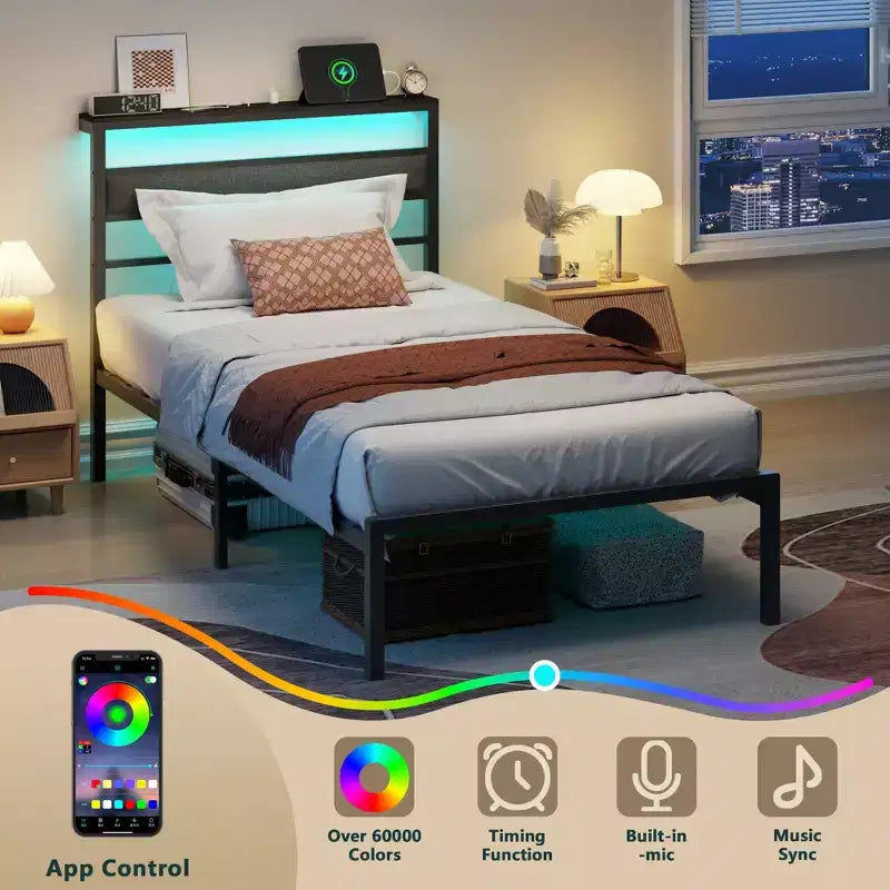 Telaio letto a piattaforma per bambini Twin Size con testiera imbottita portaoggetti Luci LED RGB Stazione di ricarica integrata Porte USB Nessuna molla richiesta Letto in metallo