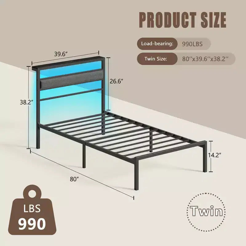 Telaio letto a piattaforma per bambini Twin Size con testiera imbottita portaoggetti Luci LED RGB Stazione di ricarica integrata Porte USB Nessuna molla richiesta Letto in metallo