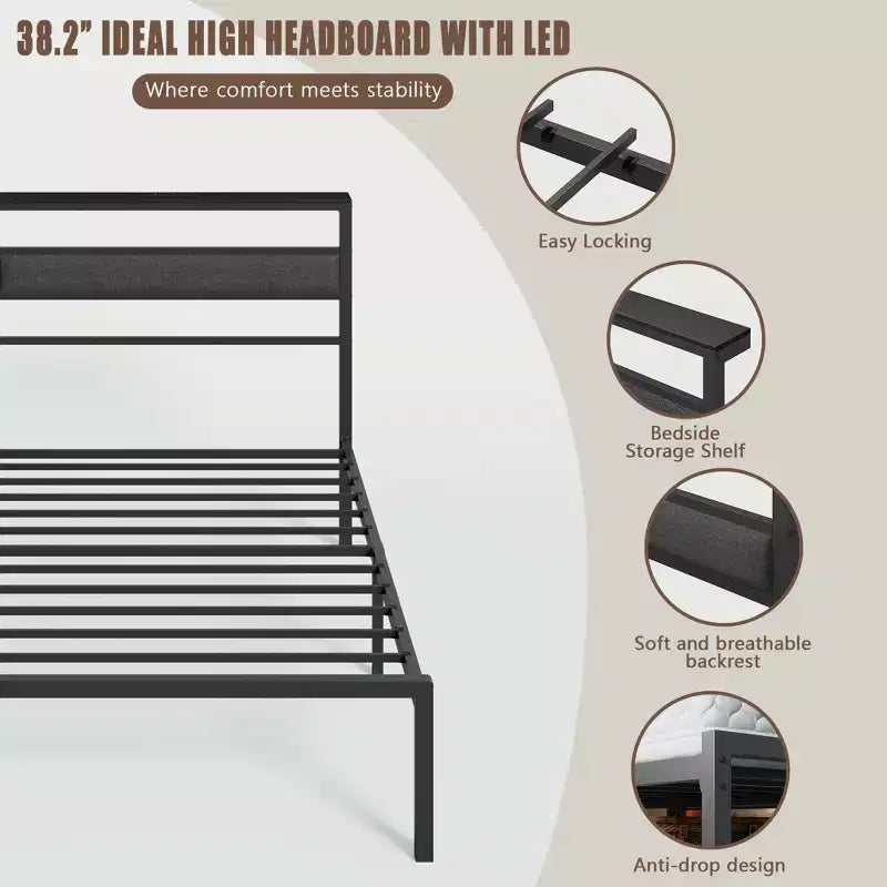 Telaio letto a piattaforma per bambini Twin Size con testiera imbottita portaoggetti Luci LED RGB Stazione di ricarica integrata Porte USB Nessuna molla richiesta Letto in metallo