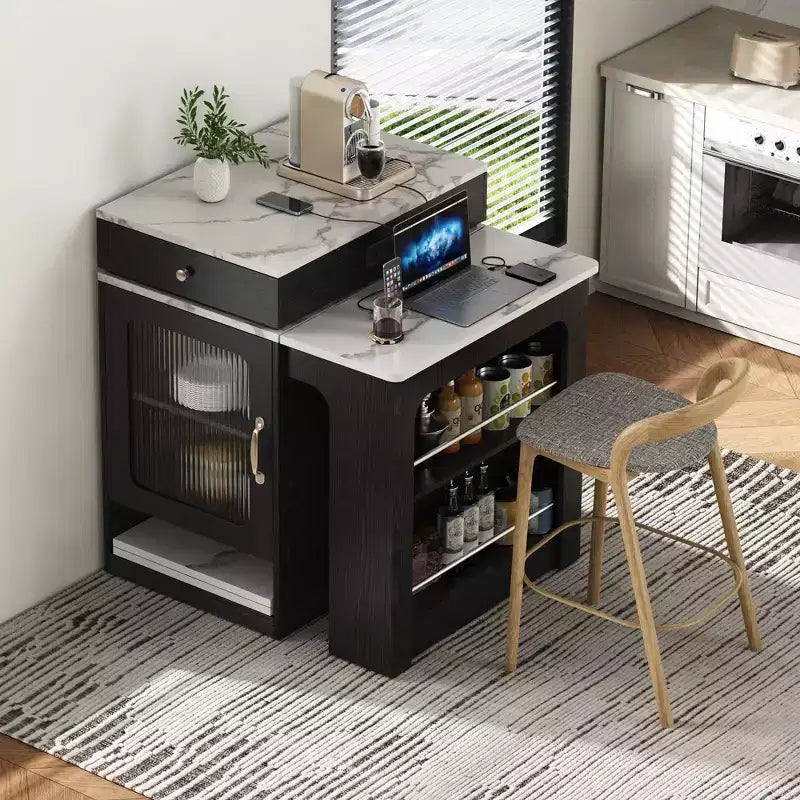 PexFix 59.5 Isola da Cucina con Tavolo da Pranzo Estensibile, Tavolo da Cucina con Contenitore su Entrambi i Lati, con Presa di Corrente e Scaffali Laterali Aperti Nero