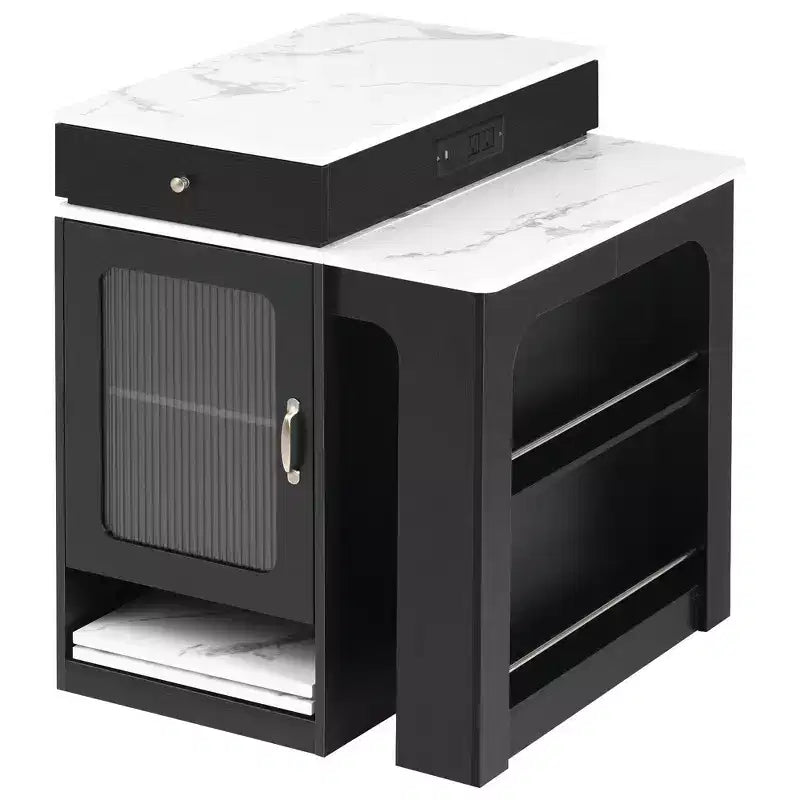 PexFix 59.5 Isola da Cucina con Tavolo da Pranzo Estensibile, Tavolo da Cucina con Contenitore su Entrambi i Lati, con Presa di Corrente e Scaffali Laterali Aperti Nero