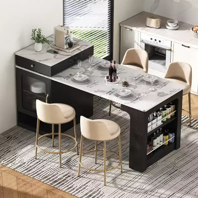 PexFix 59.5 Isola da Cucina con Tavolo da Pranzo Estensibile, Tavolo da Cucina con Contenitore su Entrambi i Lati, con Presa di Corrente e Scaffali Laterali Aperti Nero