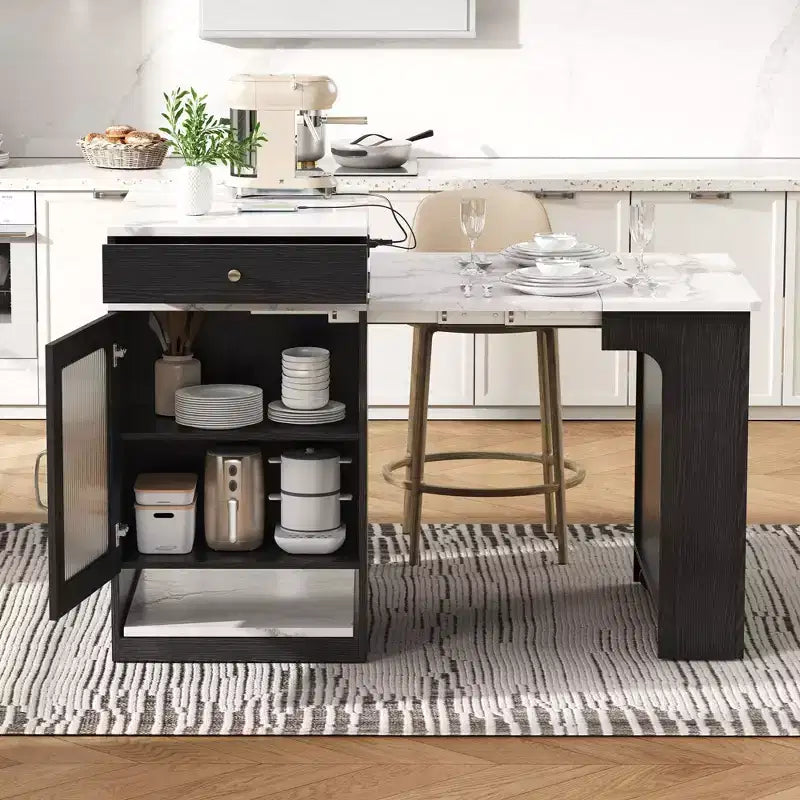 PexFix 59.5 Isola da Cucina con Tavolo da Pranzo Estensibile, Tavolo da Cucina con Contenitore su Entrambi i Lati, con Presa di Corrente e Scaffali Laterali Aperti Nero