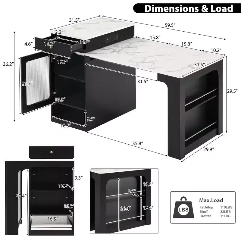PexFix 59.5 Isola da Cucina con Tavolo da Pranzo Estensibile, Tavolo da Cucina con Contenitore su Entrambi i Lati, con Presa di Corrente e Scaffali Laterali Aperti Nero