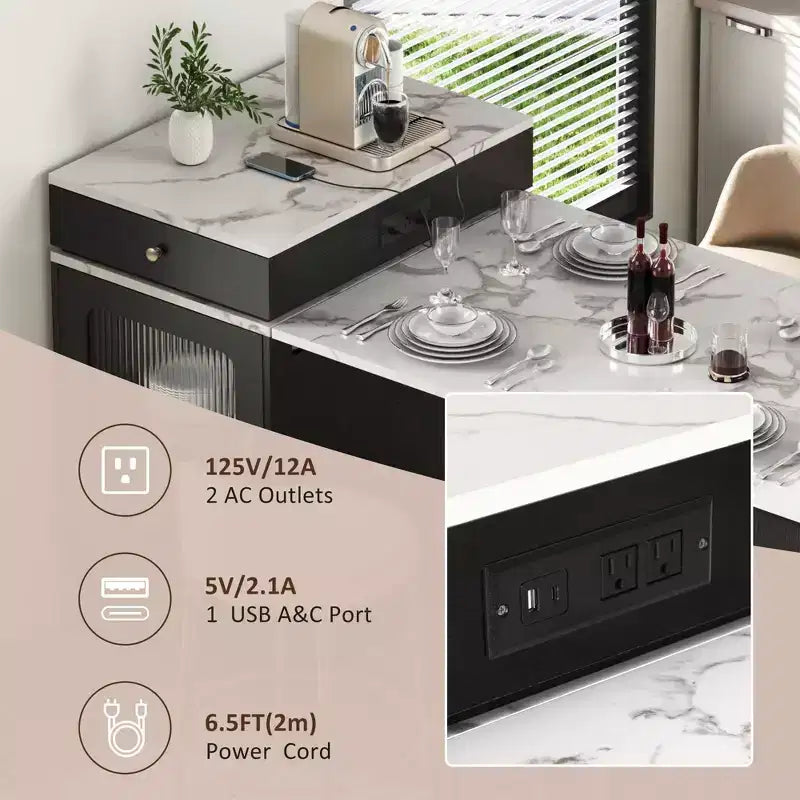 PexFix 59.5 Isola da Cucina con Tavolo da Pranzo Estensibile, Tavolo da Cucina con Contenitore su Entrambi i Lati, con Presa di Corrente e Scaffali Laterali Aperti Nero