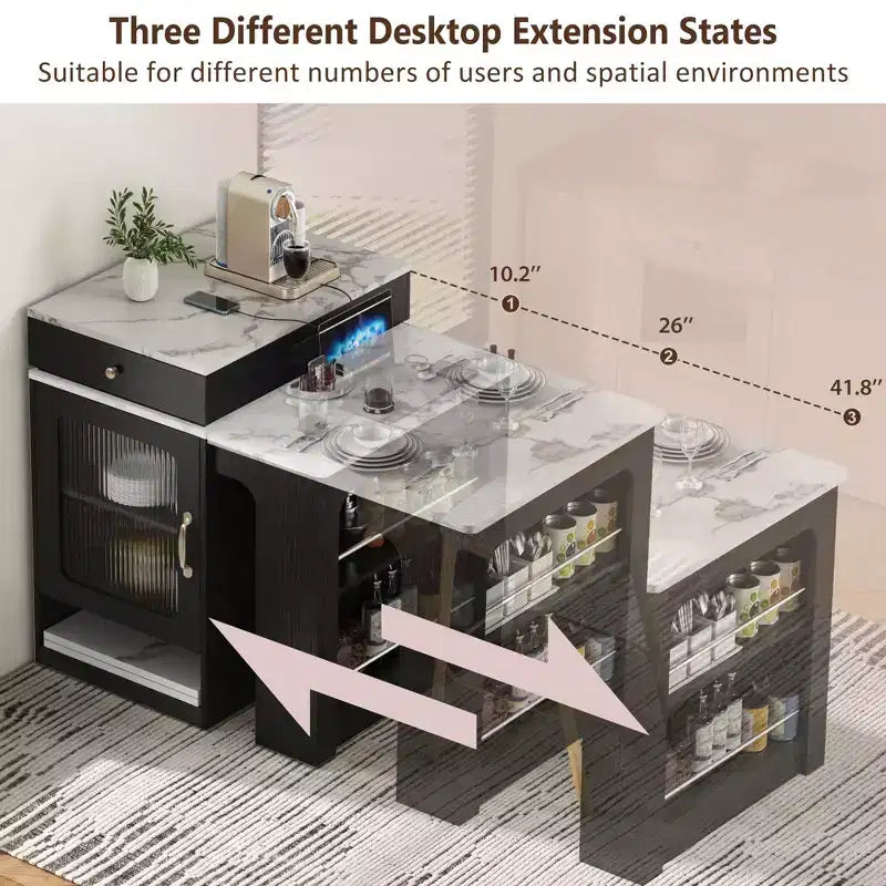 PexFix 59.5 Isola da Cucina con Tavolo da Pranzo Estensibile, Tavolo da Cucina con Contenitore su Entrambi i Lati, con Presa di Corrente e Scaffali Laterali Aperti Nero