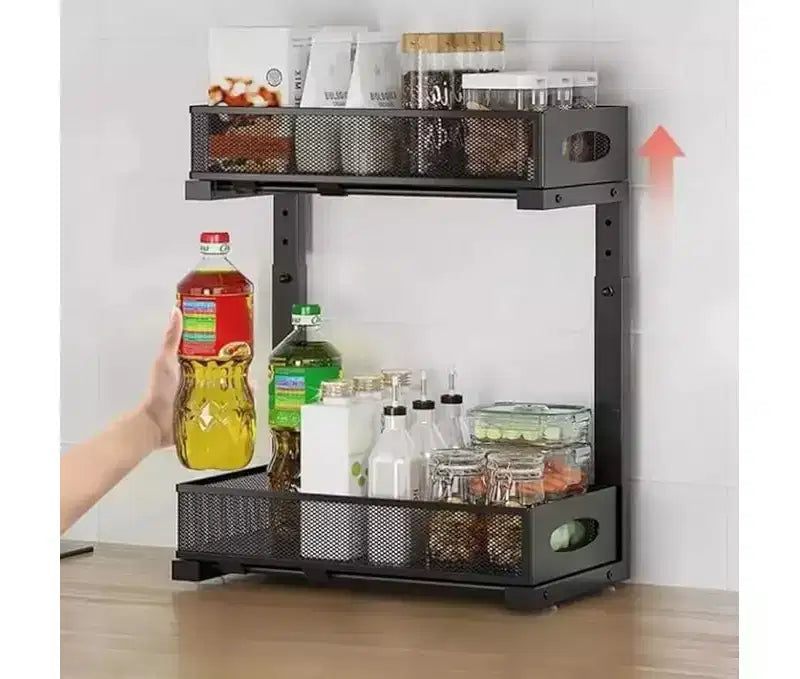 Organizer sottolavello a 2 ripiani migliorato, cassetto in rete metallica estraibile, cestello estraibile per spezie da armadio, ripiani multifunzionali per cucine