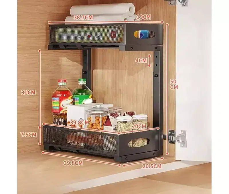 Organizer sottolavello a 2 ripiani migliorato, cassetto in rete metallica estraibile, cestello estraibile per spezie da armadio, ripiani multifunzionali per cucine
