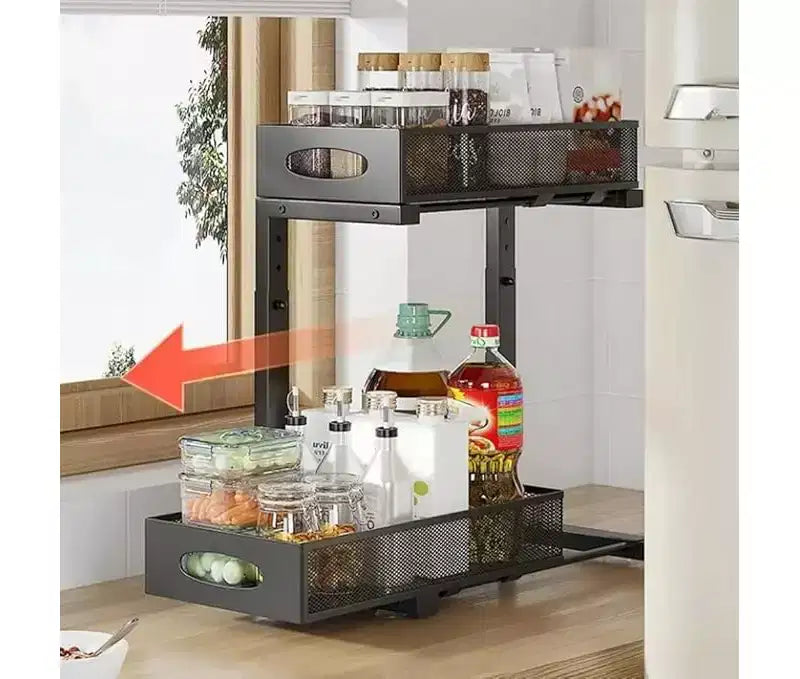 Organizer sottolavello a 2 ripiani migliorato, cassetto in rete metallica estraibile, cestello estraibile per spezie da armadio, ripiani multifunzionali per cucine
