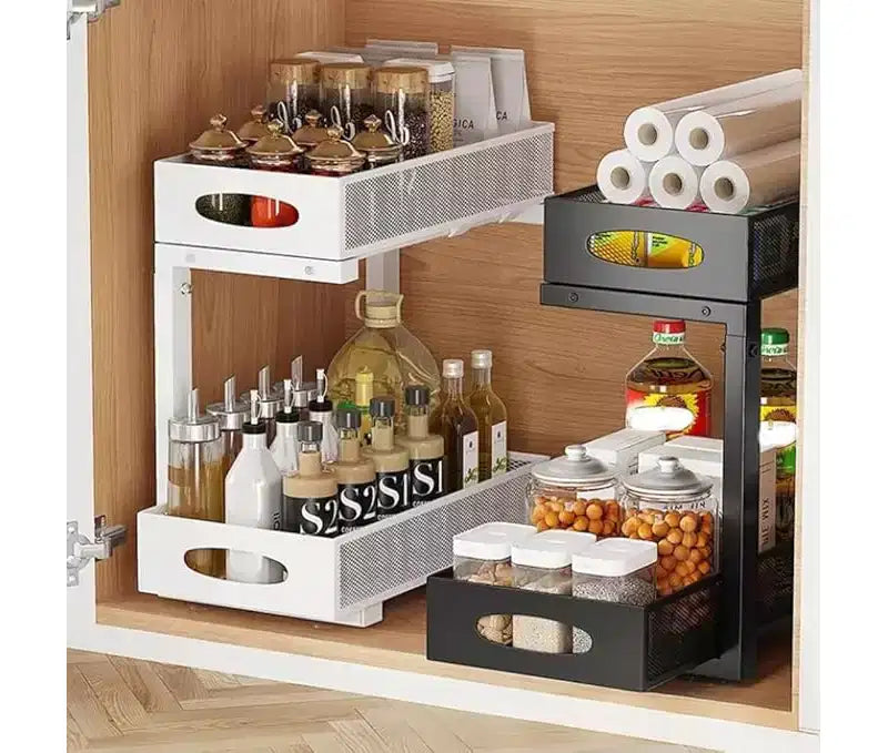 Organizer sottolavello a 2 ripiani migliorato, cassetto in rete metallica estraibile, cestello estraibile per spezie da armadio, ripiani multifunzionali per cucine