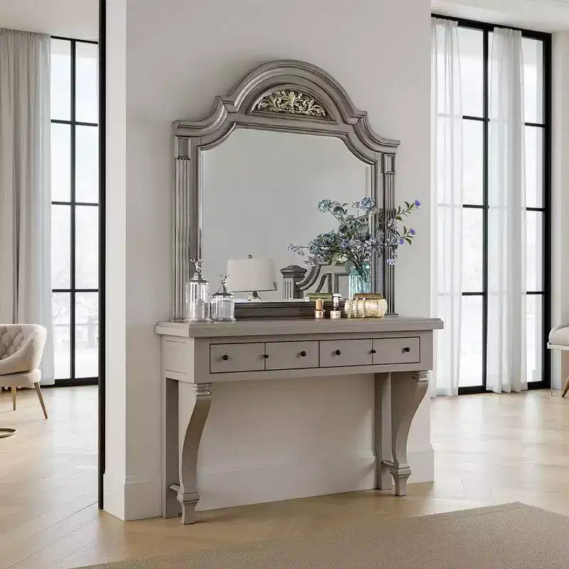 Miroir de commode Royal Hampton, forme arquée florale de 49 pouces, bois massif gris