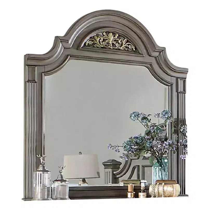Specchio per comò Royal Hampton, 49 pollici, forma ad arco floreale, legno massello grigio
